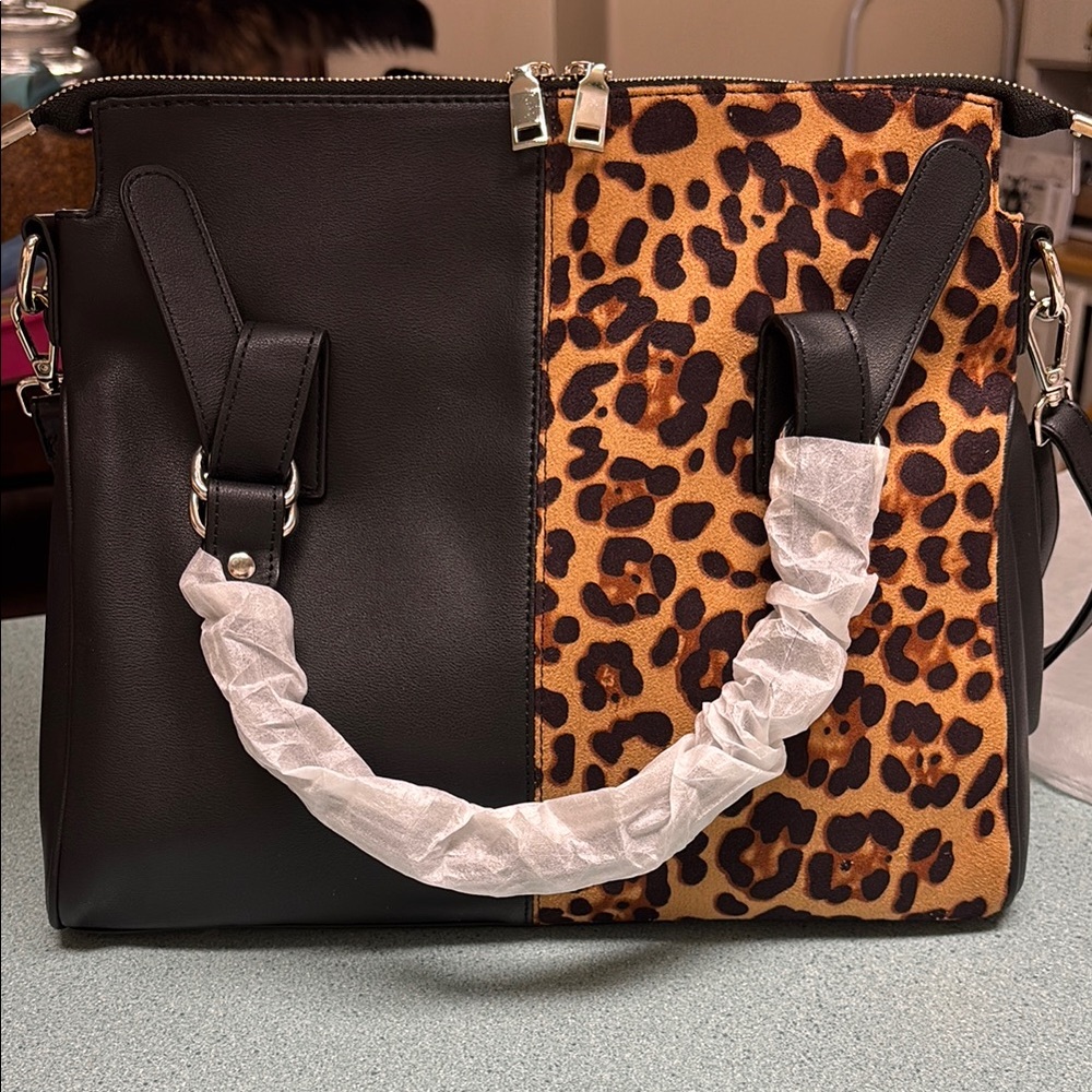 Leopard Print and Black Women's Bag